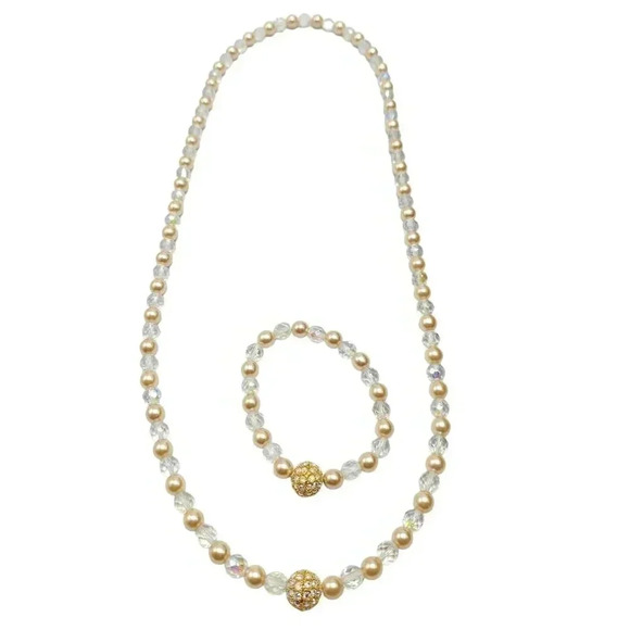 Joan Rivers Faux Pearl Clear Faceted Bead Gold Tone Necklace Bracelet Set - Picture 1 of 6